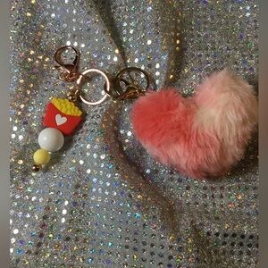 Red Fluffy Heart Keychain with Fries Charm